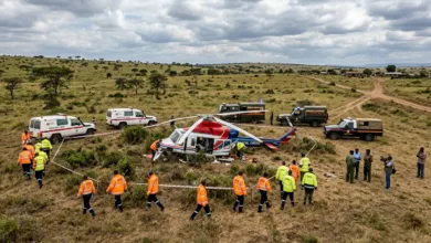 Hélicoptère survolant les collines du Kenya sous un ciel couvert