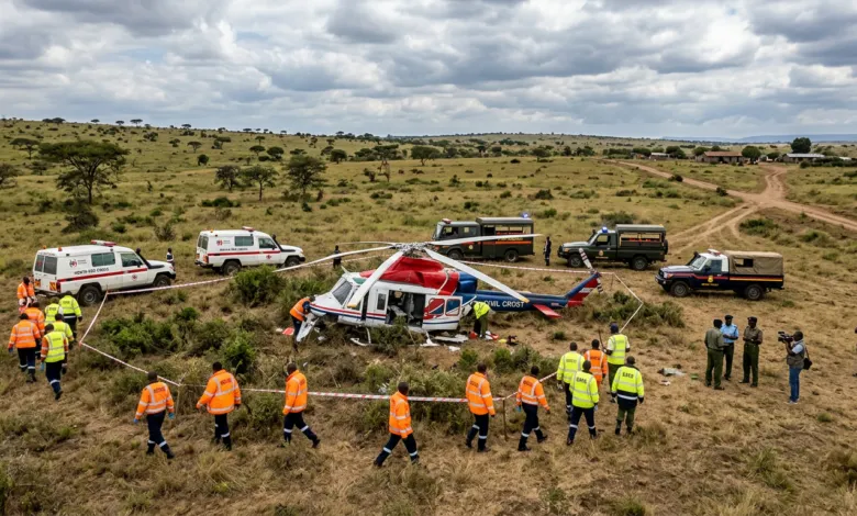 Hélicoptère survolant les collines du Kenya sous un ciel couvert