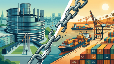 Conteneurs dans un port africain avec drapeaux UE, USA et Chine