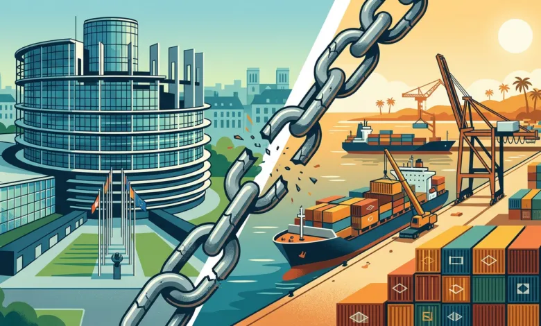 Conteneurs dans un port africain avec drapeaux UE, USA et Chine