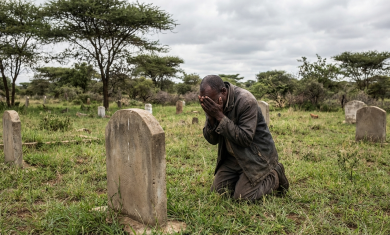Un homme en détresse devant une tombe - illustration