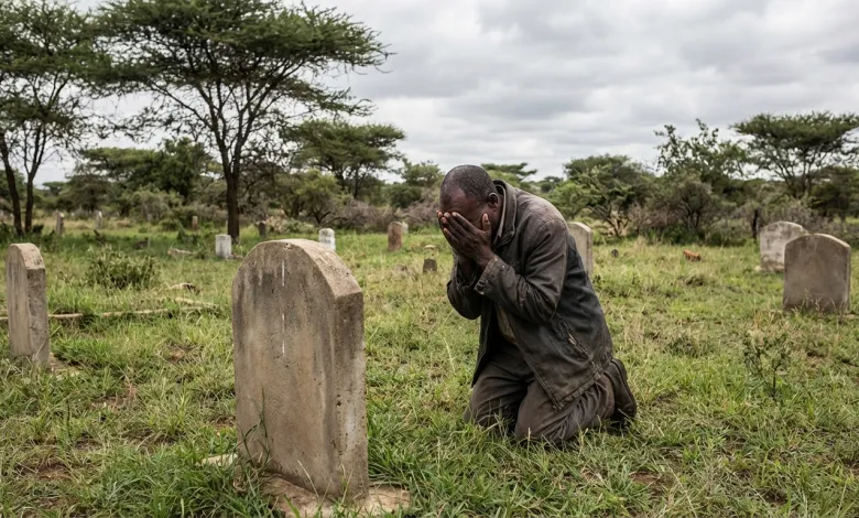 Un homme en détresse devant une tombe - illustration