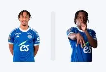 Guéla Doué et Martial Godo, visuel combiné à partir de photos officielles du RC Strasbourg pour illustrer leur nomination au Prix Marc-Vivien Foé 2026.