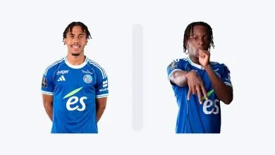 Guéla Doué et Martial Godo, visuel combiné à partir de photos officielles du RC Strasbourg pour illustrer leur nomination au Prix Marc-Vivien Foé 2026.