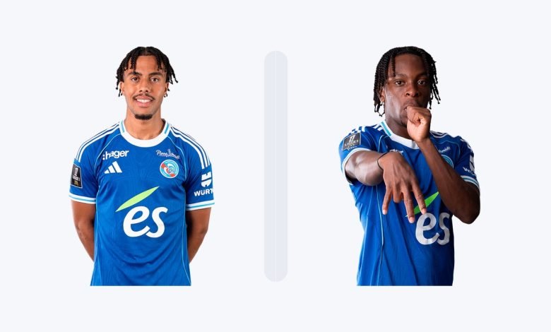 Guéla Doué et Martial Godo, visuel combiné à partir de photos officielles du RC Strasbourg pour illustrer leur nomination au Prix Marc-Vivien Foé 2026.