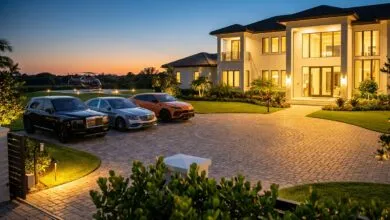 Illustration réaliste d'une villa de luxe avec voitures et hélicoptère, pour illustrer l'affaire RNAQ au Ghana.