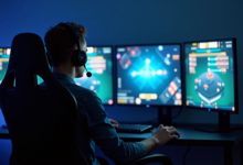 Joueur devant plusieurs écrans de gaming