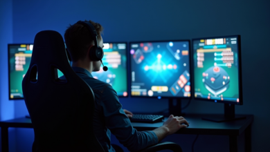 Joueur devant plusieurs écrans de gaming