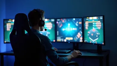 Joueur devant plusieurs écrans de gaming
