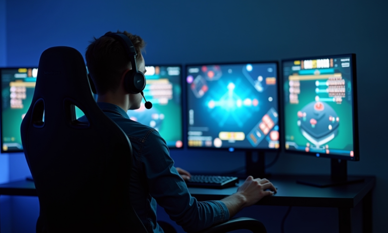 Joueur devant plusieurs écrans de gaming