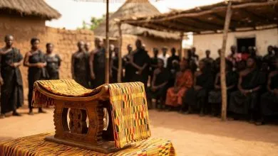 Illustration sobre d’une cérémonie funéraire traditionnelle au Ghana