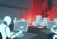 Illustration d’agents d’intelligence artificielle au travail dans un bureau futuriste