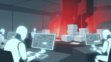 Illustration d’agents d’intelligence artificielle au travail dans un bureau futuriste