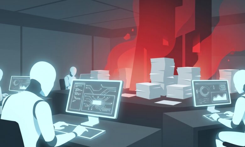 Illustration d’agents d’intelligence artificielle au travail dans un bureau futuriste