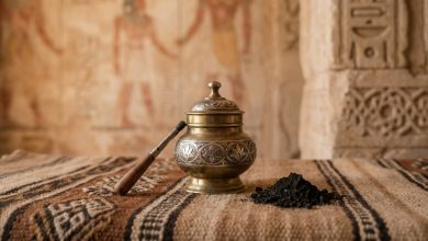 Récipient traditionnel de khôl et applicateur sur un tissu nord-africain