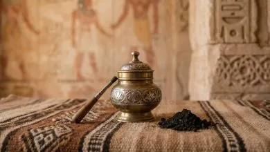 Récipient traditionnel de khôl et applicateur sur un tissu nord-africain
