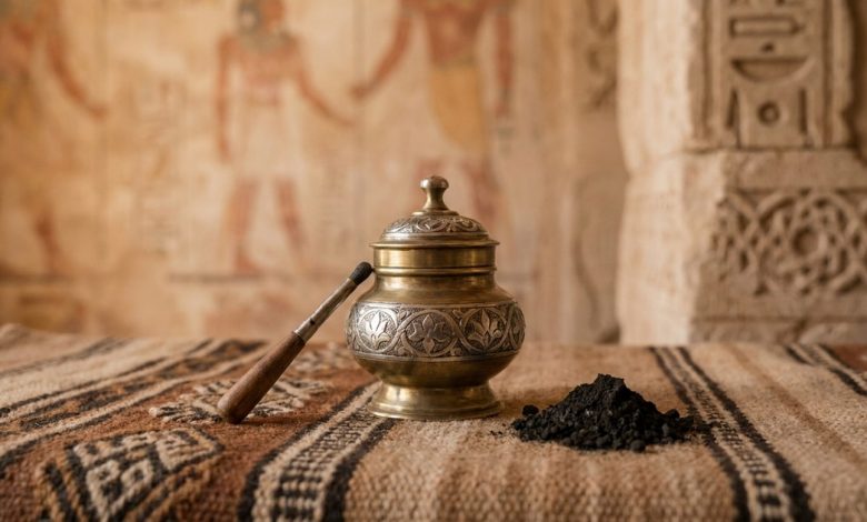 Récipient traditionnel de khôl et applicateur sur un tissu nord-africain