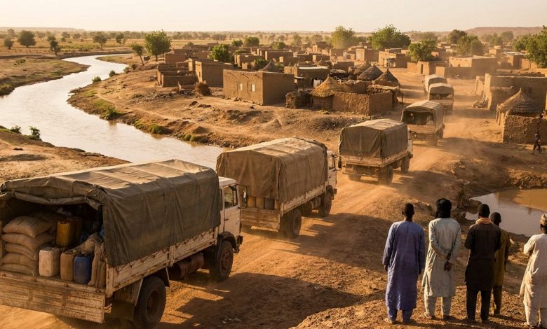 Convoi de vivres arrivant à Diafarabé au Mali