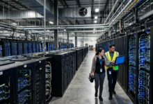 Techniciens dans un centre de données illustrant le cloud mining