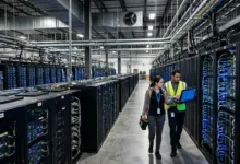 Techniciens dans un centre de données illustrant le cloud mining