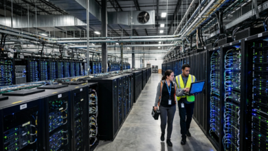 Techniciens dans un centre de données illustrant le cloud mining