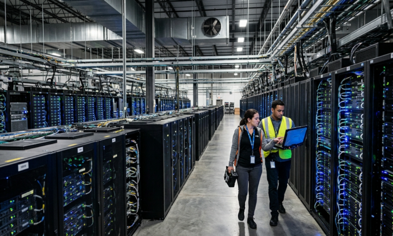 Techniciens dans un centre de données illustrant le cloud mining