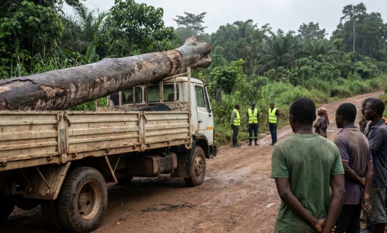 Illustration IA d’un camion touché par la chute d’un arbre à Niété