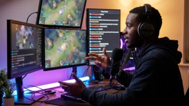 Streamer gaming en direct avec écran et micro