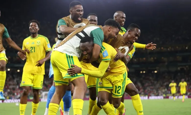 Des joueurs sud-africains célèbrent un but contre la Corée du Sud