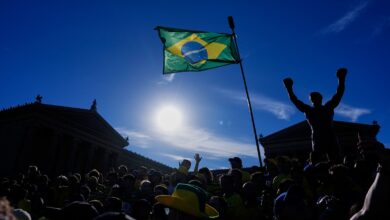Supporters brésiliens avec un drapeau du Brésil près de la statue de Rocky à Philadelphie