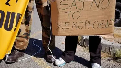 Une pancarte contre la xénophobie lors d’une mobilisation en Afrique du Sud