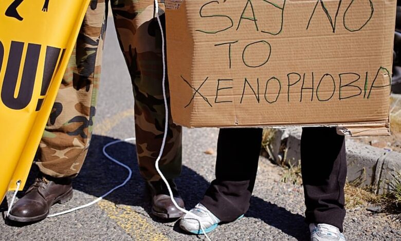 Une pancarte contre la xénophobie lors d’une mobilisation en Afrique du Sud