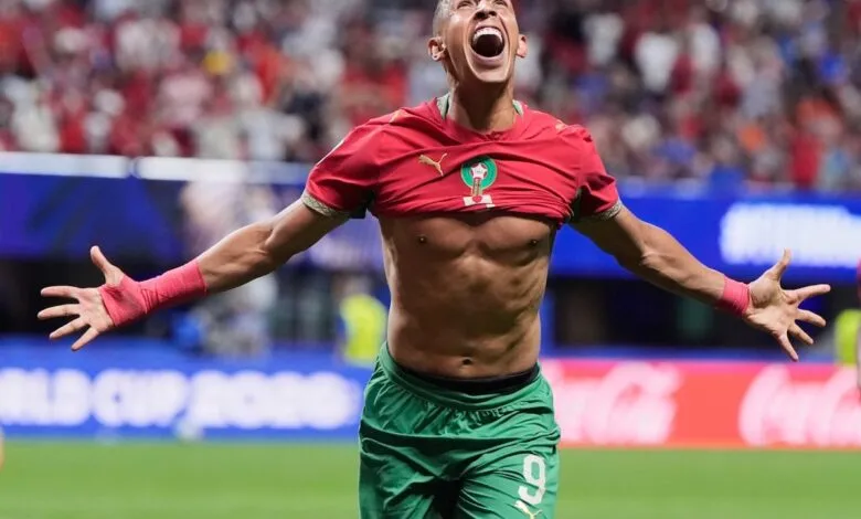 Soufiane Rahimi célèbre son but lors du match Maroc-Haïti au Mondial 2026