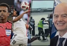 Collage avec Omar Abdulkadir Artan, Aymen Hussein, un controle de delegation senegalaise et Gianni Infantino