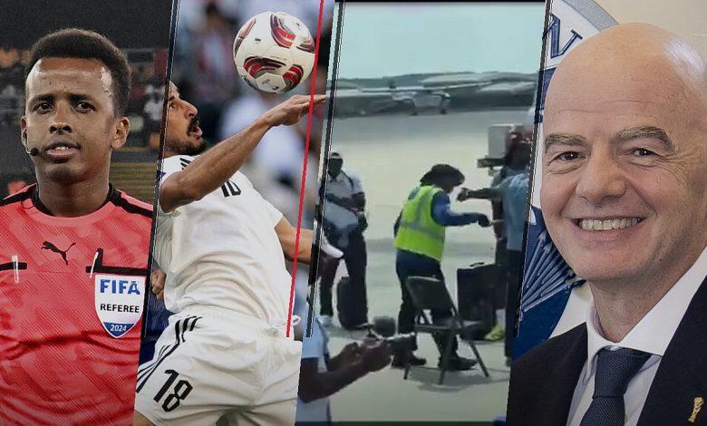 Collage avec Omar Abdulkadir Artan, Aymen Hussein, un controle de delegation senegalaise et Gianni Infantino