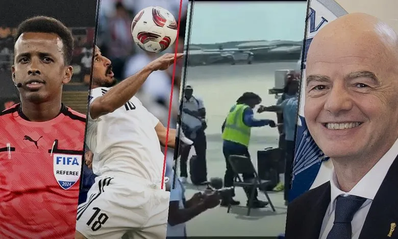 Collage avec Omar Abdulkadir Artan, Aymen Hussein, un controle de delegation senegalaise et Gianni Infantino
