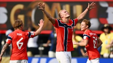 Erling Haaland célèbre avec la Norvège après son doublé contre le Brésil au Mondial 2026
