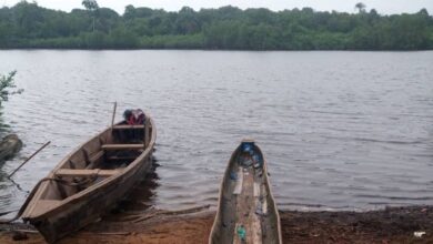 Deux pirogues traditionnelles au bord d’une lagune à Grand-Lahou