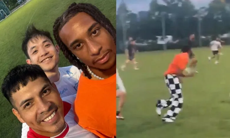 Michael Olise avec des joueurs amateurs lors d’un match à New York