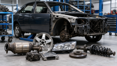Pièces automobiles récupérées dans un centre de démontage