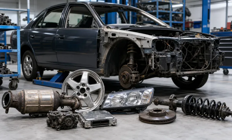 Pièces automobiles récupérées dans un centre de démontage