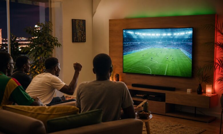 Supporters sénégalais regardant un match de football à la télévision