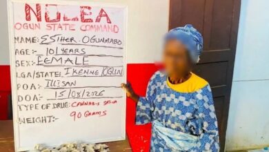 Esther Ogunmabo devant un tableau de la NDLEA dans l’État d’Ogun