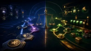 Mécaniques de progression de jeu vidéo et éléments de casino séparés par une balance