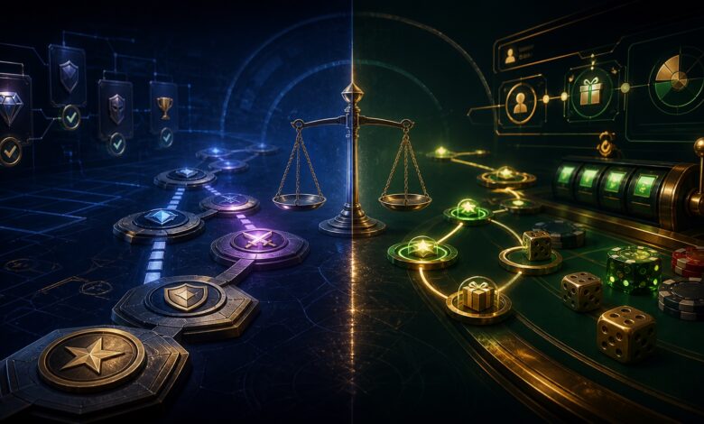 Mécaniques de progression de jeu vidéo et éléments de casino séparés par une balance