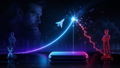 Courbe lumineuse montant avant un point de rupture qui symbolise la tension d'un crash game