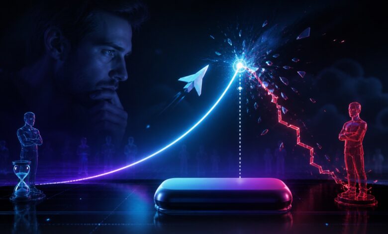 Courbe lumineuse montant avant un point de rupture qui symbolise la tension d'un crash game