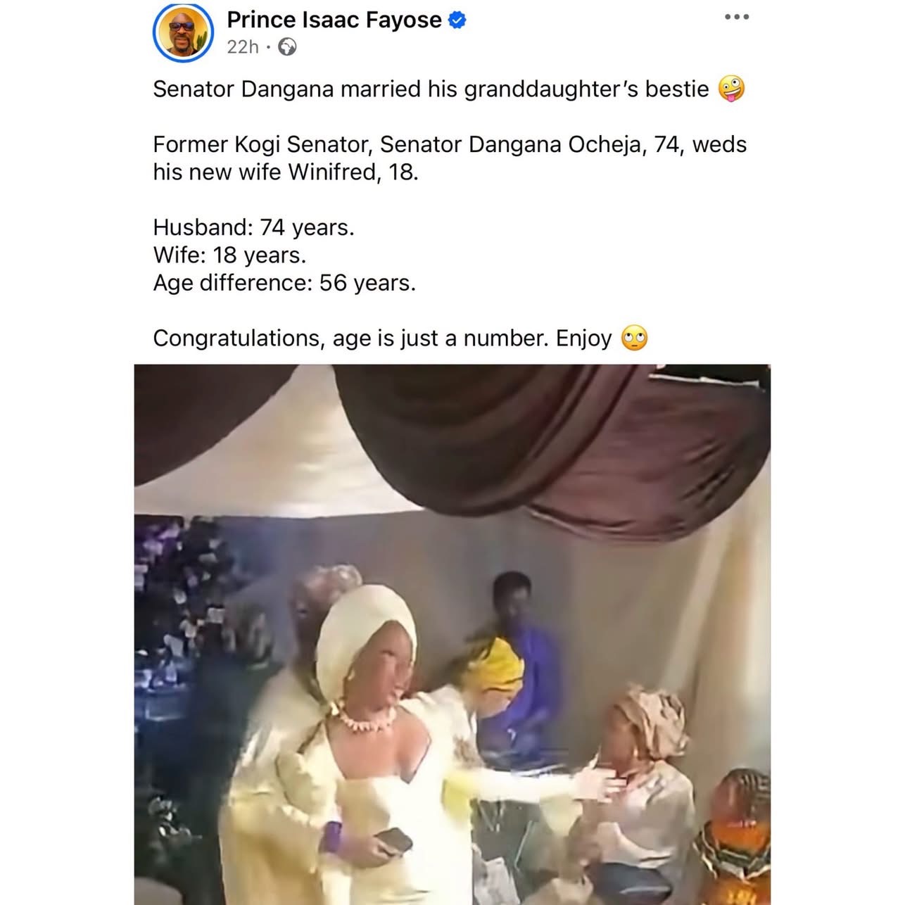 Nigeria : À 74 ans, un ex-sénateur épouse Winifred (18 ans), la meilleure amie de sa petite-fille