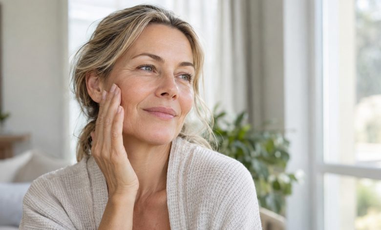 Femme prenant soin de sa peau dans un intérieur lumineux