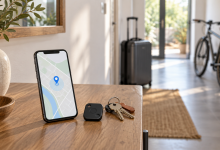 Illustration de géolocalisation : smartphone, traceur GPS, clés et bagage